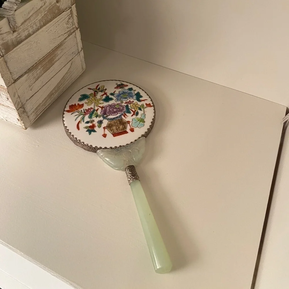 Chinese Vintage Hardstone and Porcelain Vanity Mirror Early 20th Century